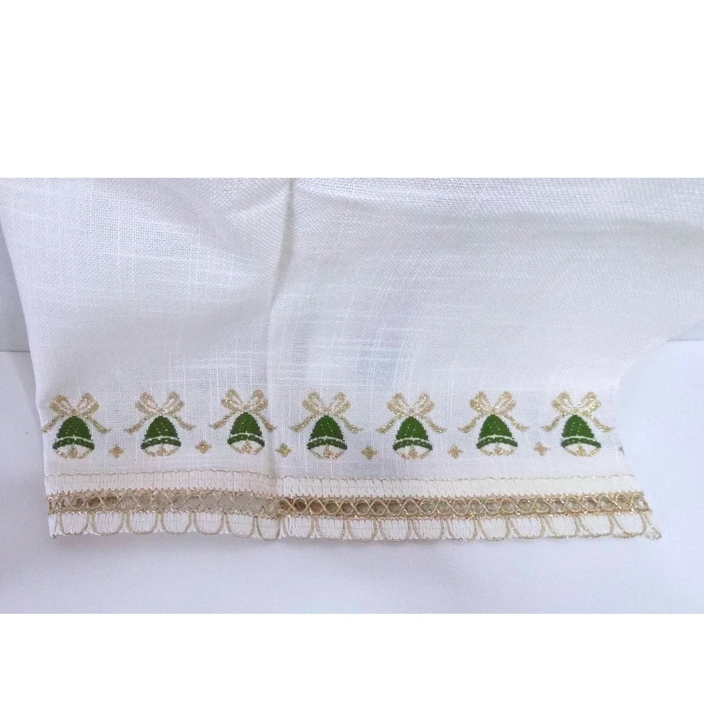 VTG Jolentex West Germany Table Topper Embr. Christmas Green Gold Bells 32X32